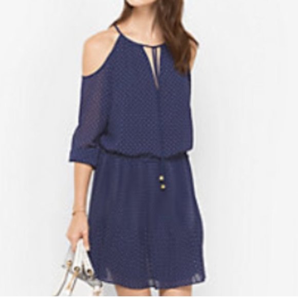 KORS Michael Kors Dresses & Skirts - Michael Kors Blue with White Polka Dots Cold Shoulder Long Sleeve Pleated Dress